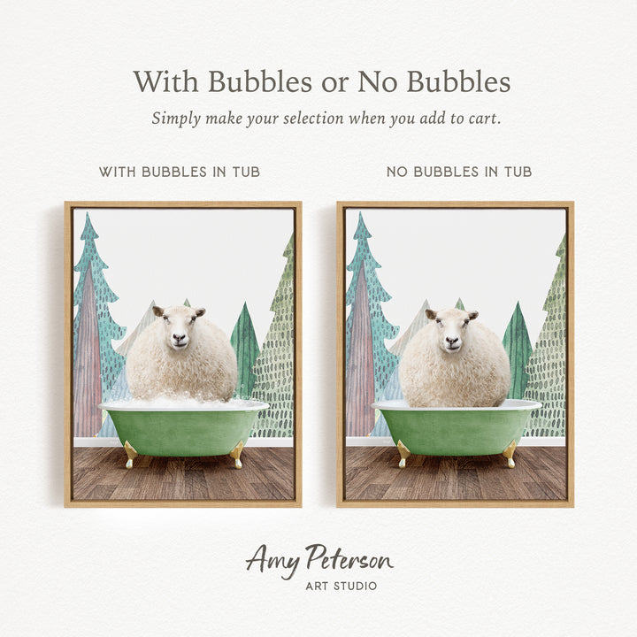 The image is a collage of two framed pictures, each depicting a sheep in a bathtub. The sheep in the bathtub has bubbles, while the other sheep does not have bubbles. The collage is titled "With Bubbles or No Bubbles" and is created by Amy Peterson from Art Studio.