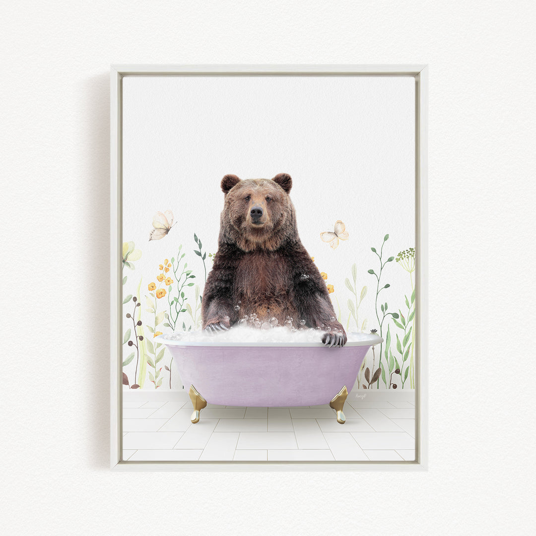 A brown bear sitting in a purple bathtub filled with bubbles, surrounded by flowers and butterflies.