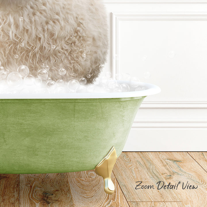 A fluffy white dog is sitting in a green bathtub filled with bubbles, with a wooden floor visible in the background.
