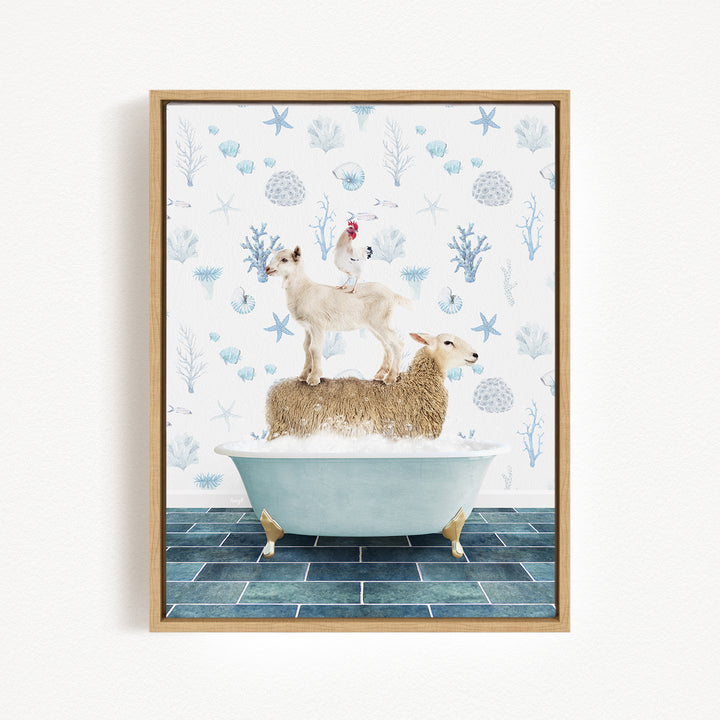 A framed image depicting a sheep standing on a bathtub filled with bubbles, with a chicken perched on top of the sheep.