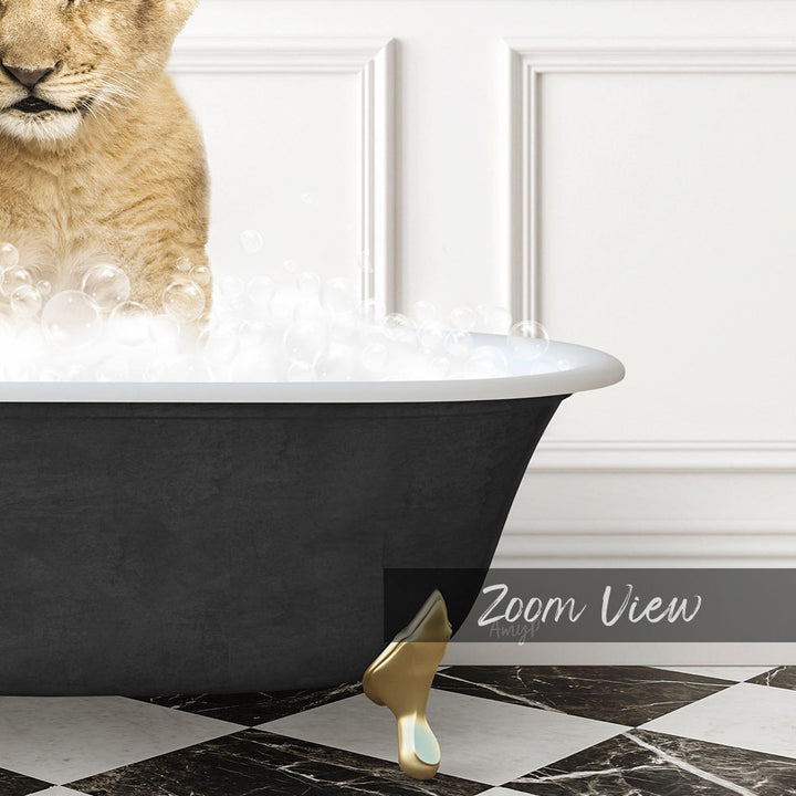 A cat is sitting in a bathtub filled with bubbles, with a black and white checkered floor and a white wall in the background.