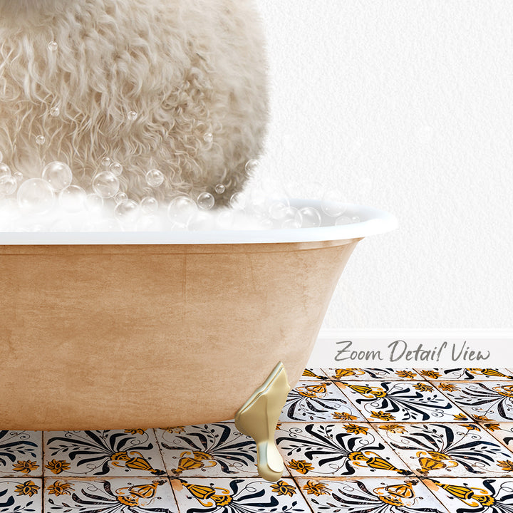 A fluffy white cat is sitting in a bathtub filled with bubbles, with a patterned tile floor visible beneath the tub.
