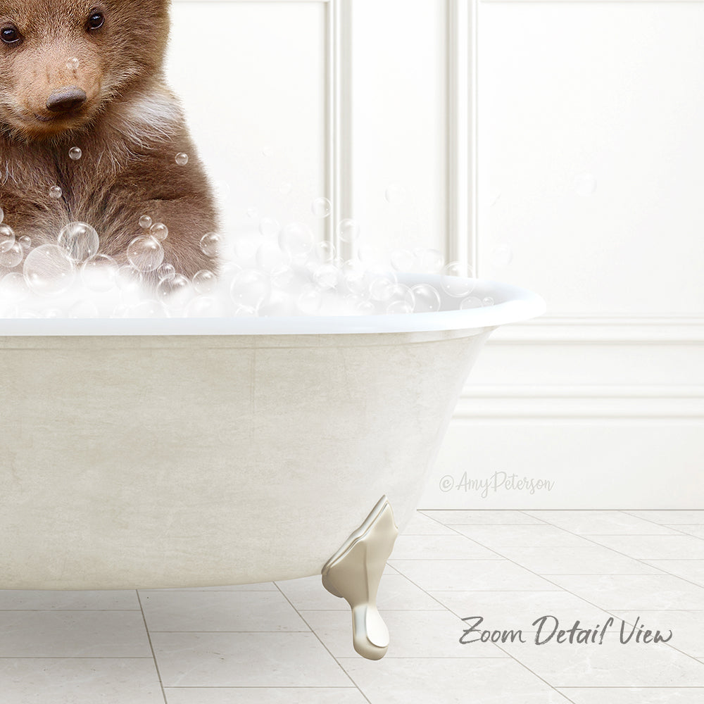 A cute brown bear sitting in a white bathtub filled with bubbles, creating a whimsical and playful scene.