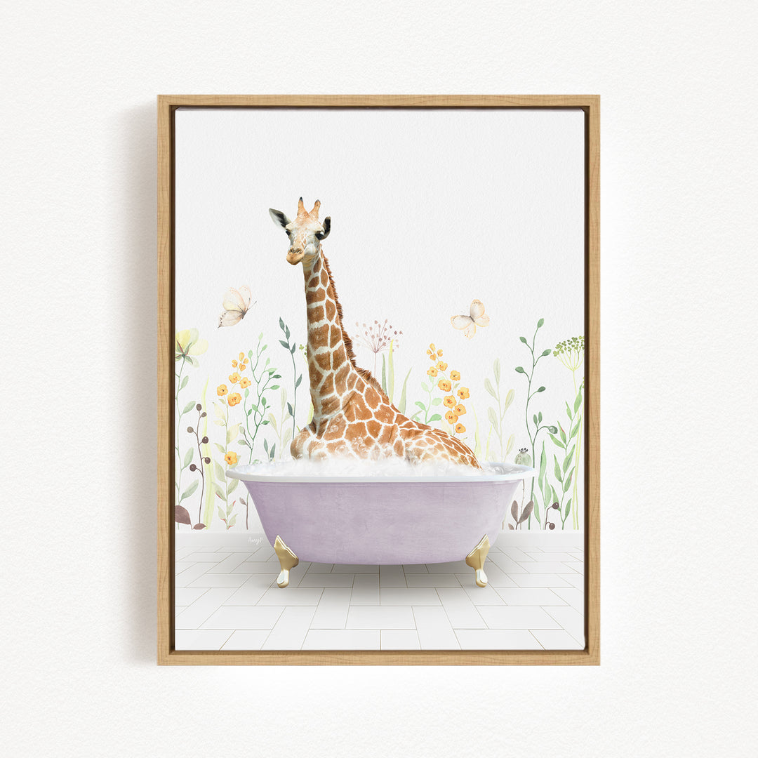 A giraffe sitting in a purple bathtub surrounded by flowers and butterflies.