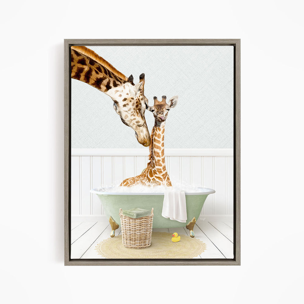 A mother giraffe and her baby giraffe enjoying a relaxing bath together in a green bathtub, surrounded by a basket of toys and a yellow rubber duck.