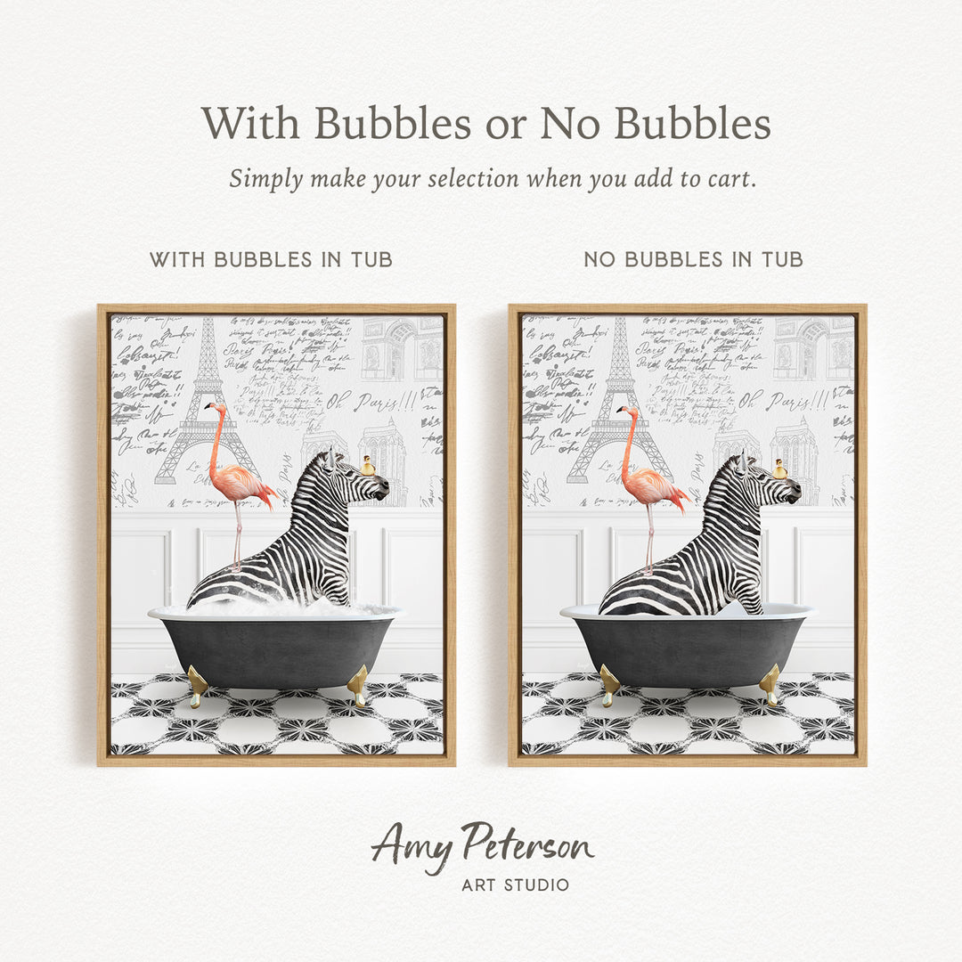 The image is a collage of two framed pictures, each featuring a zebra and a flamingo in a bathtub. The zebra is sitting in a tub with bubbles, while the flamingo is sitting in a tub without bubbles. The text above the images reads "With Bubbles or No Bubbles Simply make your selection when you add to cart."