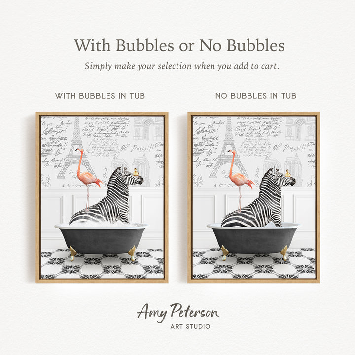 The image is a collage of two framed pictures, each featuring a zebra and a flamingo in a bathtub. The zebra is sitting in a tub with bubbles, while the flamingo is sitting in a tub without bubbles. The text above the images reads "With Bubbles or No Bubbles Simply make your selection when you add to cart."