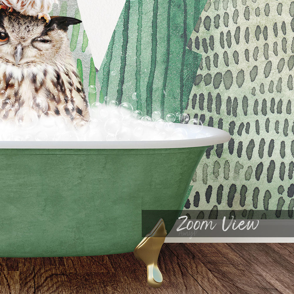 A close-up of an owl sitting in a green bathtub filled with bubbles, with a patterned wall in the background.
