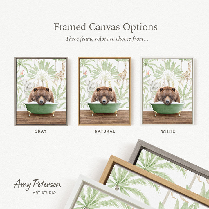 three framed canvas options featuring a brown bear sitting in a green bathtub, surrounded by tropical foliage.