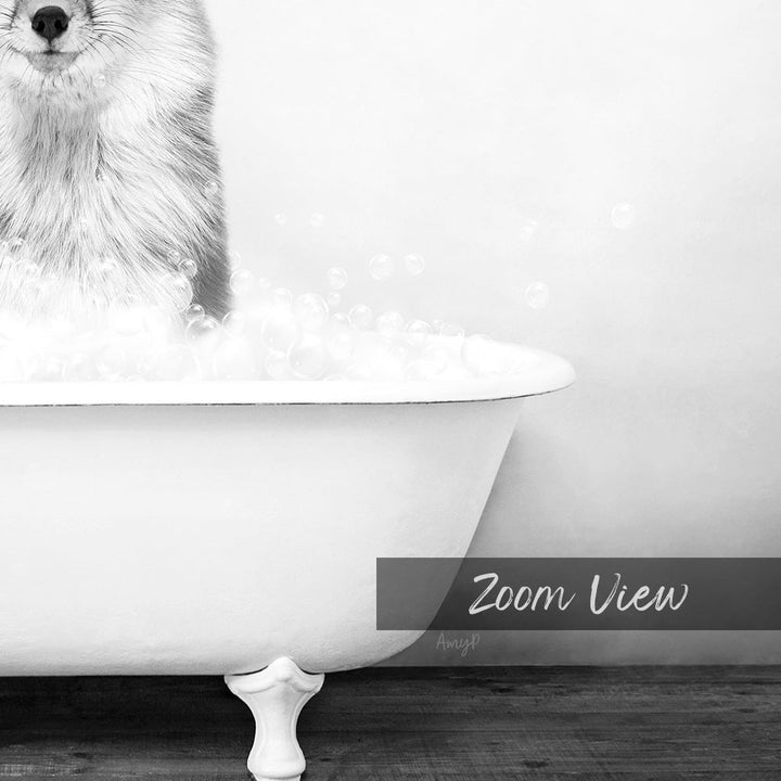 A fluffy dog is sitting in a white bathtub filled with bubbles, creating a playful and adorable scene.