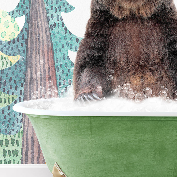 a brown bear sitting in a green bath tub