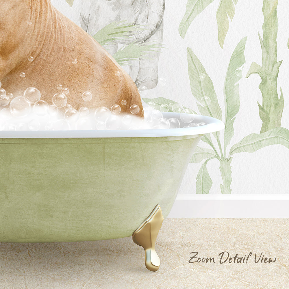 A bathtub filled with bubbles, with a dog sitting inside and enjoying the bath.