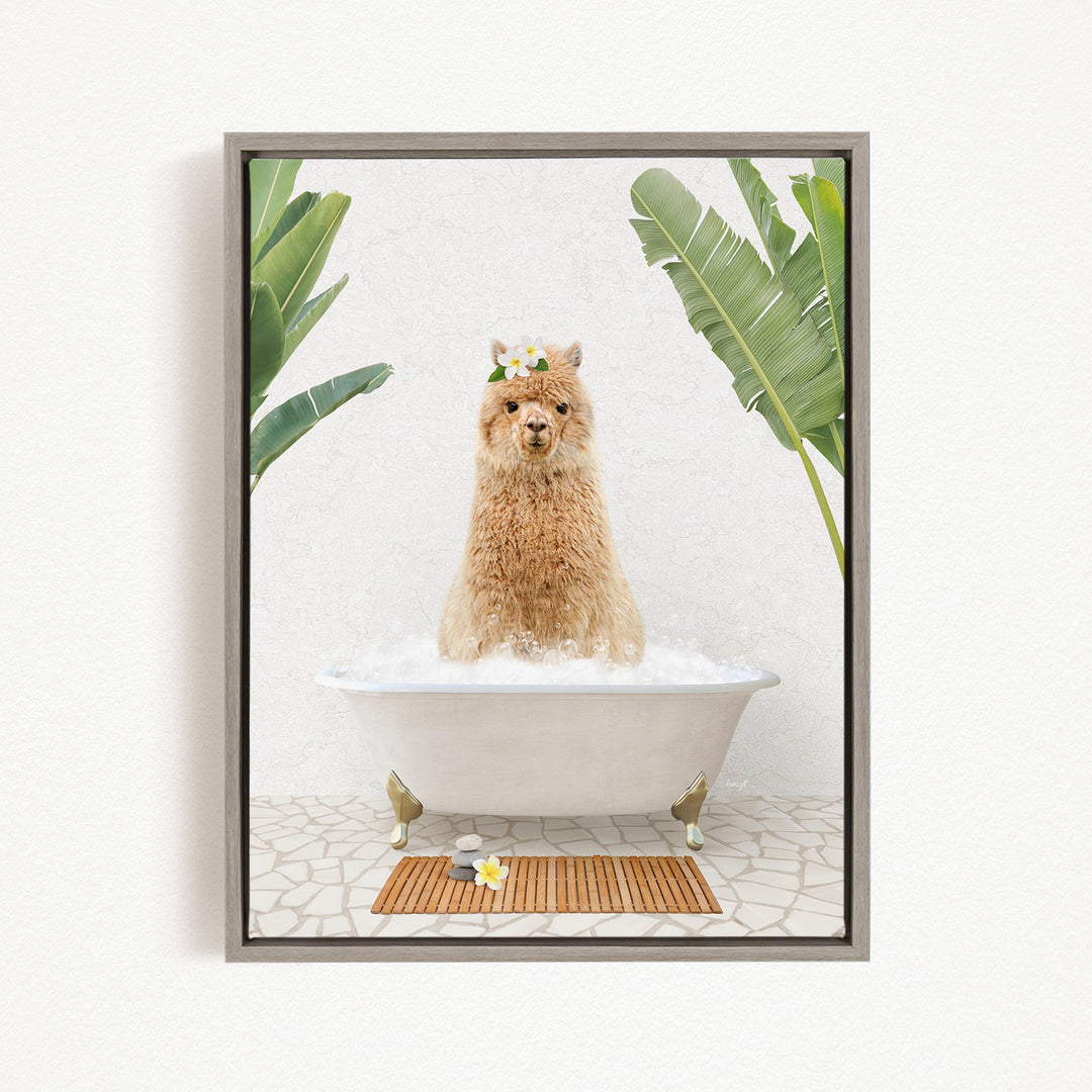 A fluffy brown alpaca sitting in a white bathtub, surrounded by tropical plants and a wooden mat on the floor.