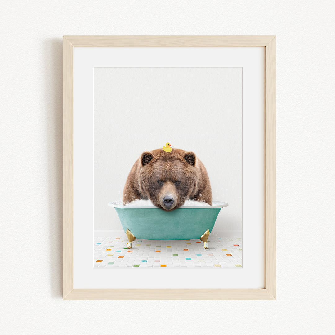 A brown bear is sitting in a green bathtub, surrounded by rubber ducks.