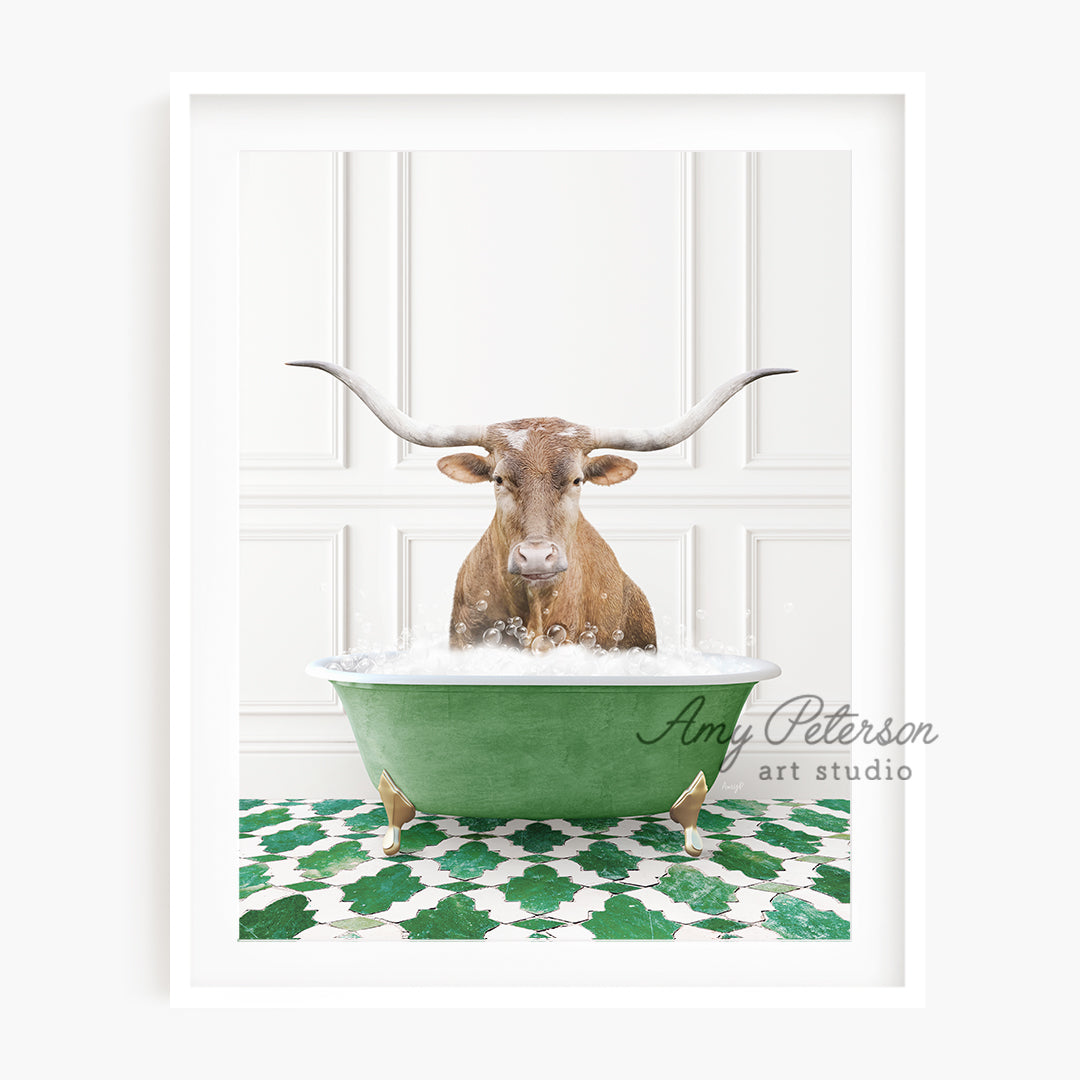 a cow with horns is sitting in a bathtub