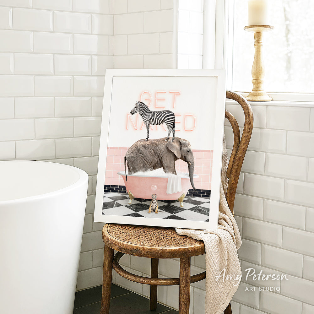 A framed image of a zebra standing on an elephant in a pink bathtub, with the words "GET NAMED" written on the side of the bathtub.