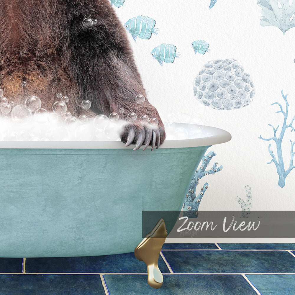 A close-up of a bear's paw in a bathtub filled with bubbles, with a coral-like design on the wall behind it.