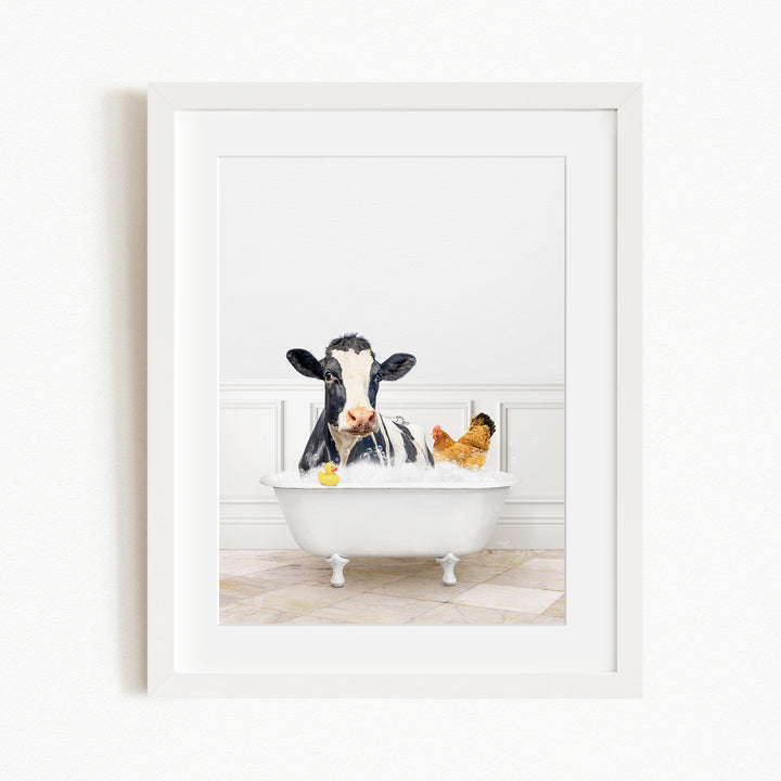 A black and white cow is sitting in a white bathtub, surrounded by a yellow rubber duck and a chicken, creating a whimsical and playful scene.