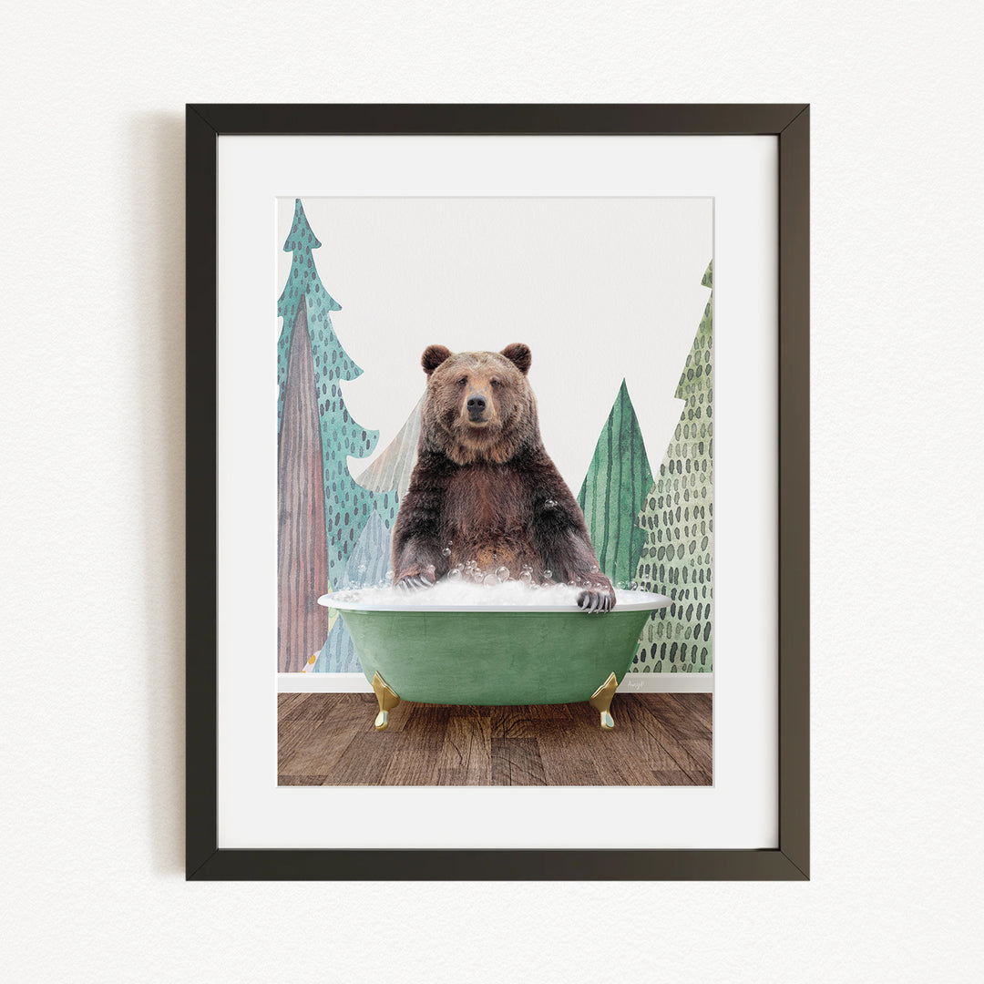 A brown bear sitting in a green bathtub, surrounded by trees and a forest-like background.