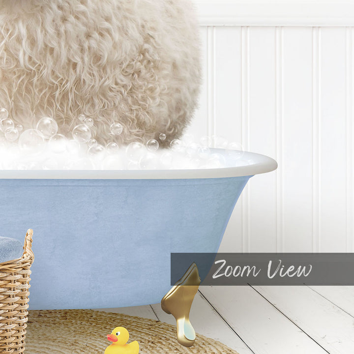 A fluffy white dog is sitting in a blue bathtub filled with bubbles, surrounded by rubber ducks and a basket.