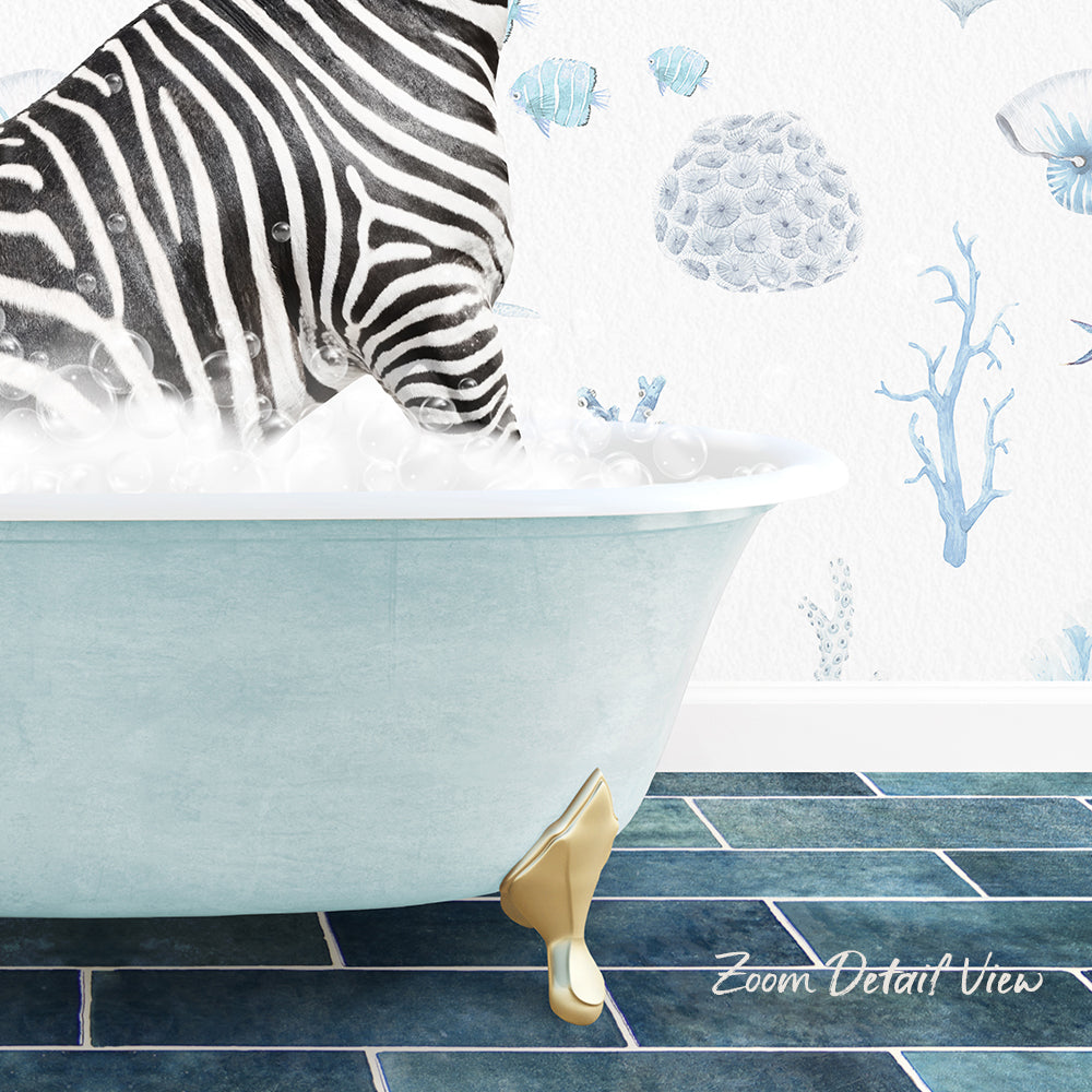 A zebra standing in a bathtub filled with bubbles, with a blue and white underwater scene wallpaper in the background.