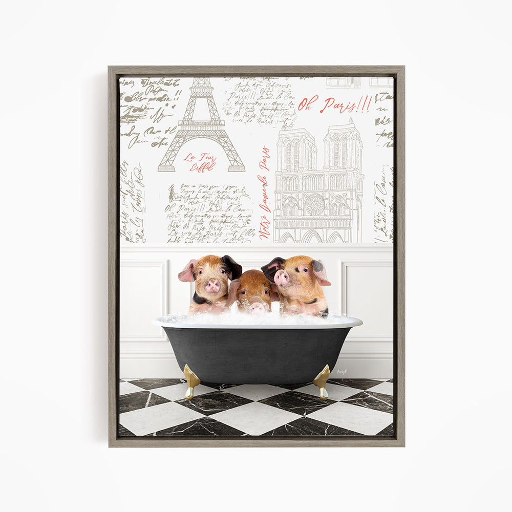 Three adorable pigs sitting in a bathtub, surrounded by a decorative wall with the Eiffel Tower and other Parisian landmarks.