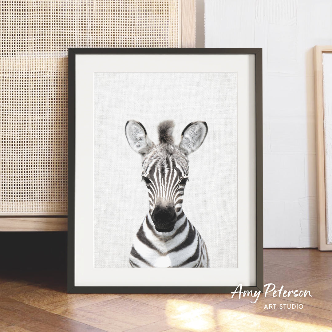 A framed photograph of a zebra is displayed on a wooden floor, with a beige woven basket visible in the background.
