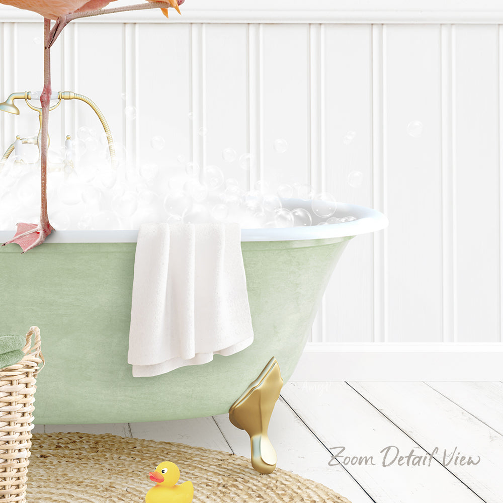 A green clawfoot bathtub filled with bubbles, with a towel hanging on the side and a rubber duck sitting on the edge of the tub.