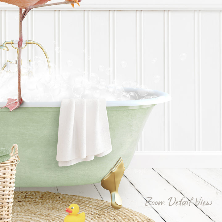 A green clawfoot bathtub filled with bubbles, with a towel hanging on the side and a rubber duck sitting on the edge of the tub.