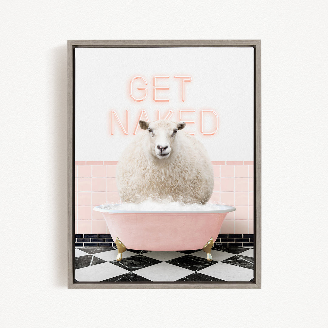 A fluffy white sheep sitting in a pink bathtub, with the words "GET NAKED" written in neon pink letters above it.