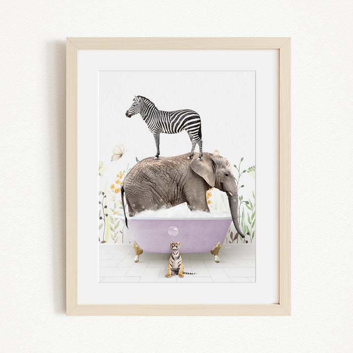 A zebra stands on top of an elephant in a bathtub, surrounded by a tiger and butterflies, creating a whimsical and surreal scene.