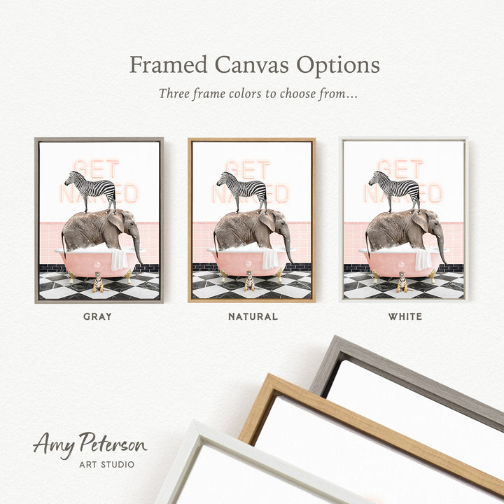 three framed canvas options featuring a zebra standing on an elephant's back in a bathtub. The options include a gray, natural, and white frame.