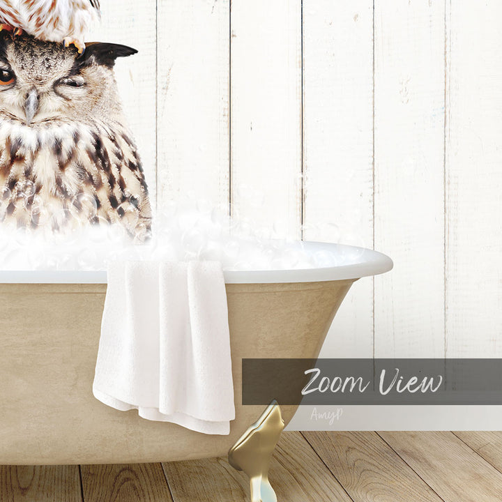 A large owl sitting in a bathtub filled with water, with a towel draped over the side of the tub.