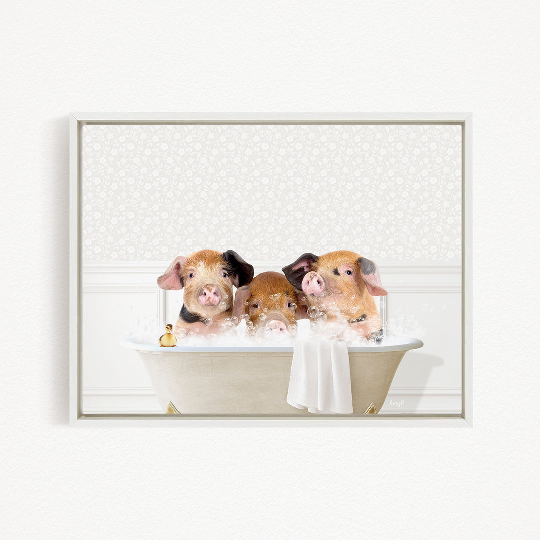 Three adorable pigs sitting in a bathtub, enjoying a relaxing bath together.
