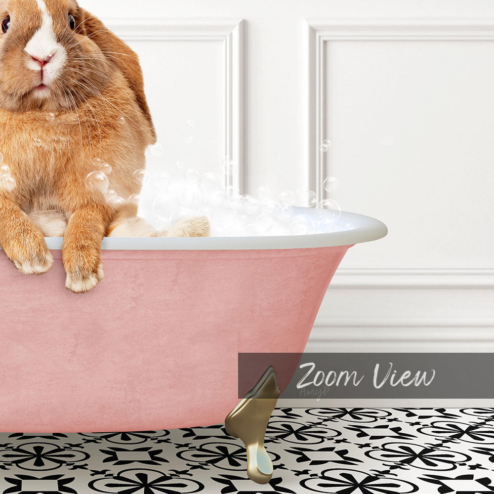 A cute orange rabbit sitting in a pink bathtub filled with bubbles, with a black and white patterned floor in the background.