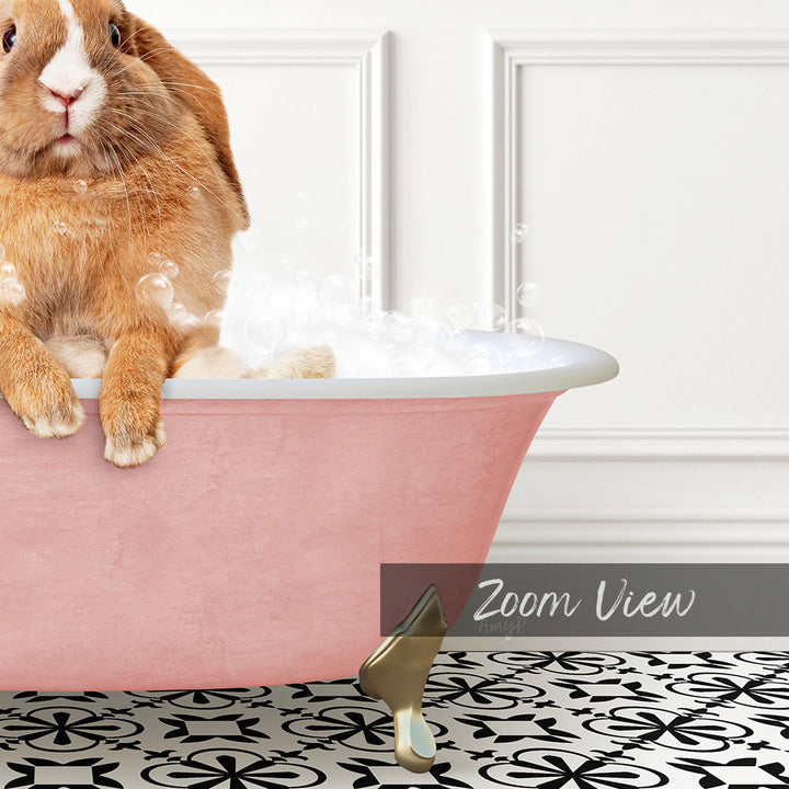 A cute orange rabbit sitting in a pink bathtub filled with bubbles, with a black and white patterned floor in the background.
