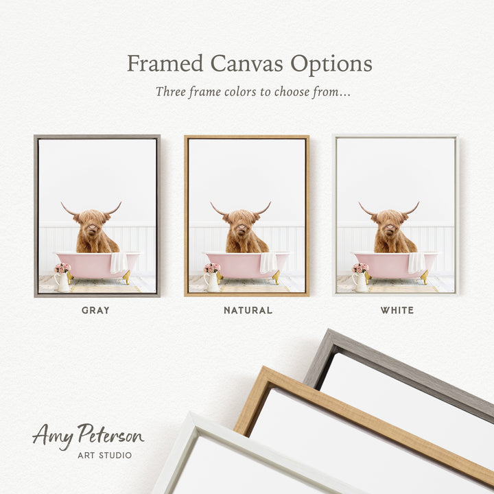 three framed canvas options, each with a different color: gray, natural, and white. The text above the images reads " Framed Canvas Options" and "Three frame colors to choose from...". The text below the images reads "Grays", "Naturals", and "Whites". The artist's name, Amy Peterson, is also mentioned at the bottom of the image.