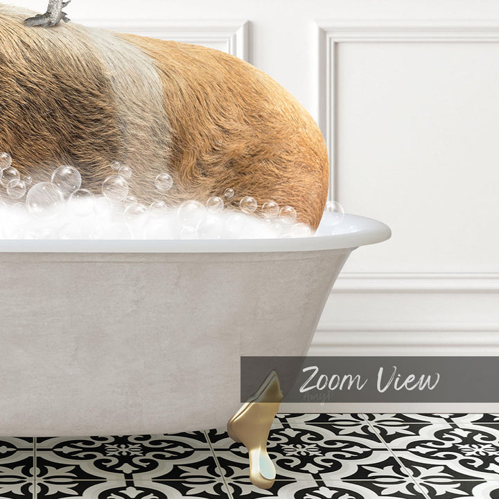 A dog is sitting in a bathtub filled with bubbles, enjoying a relaxing bath.