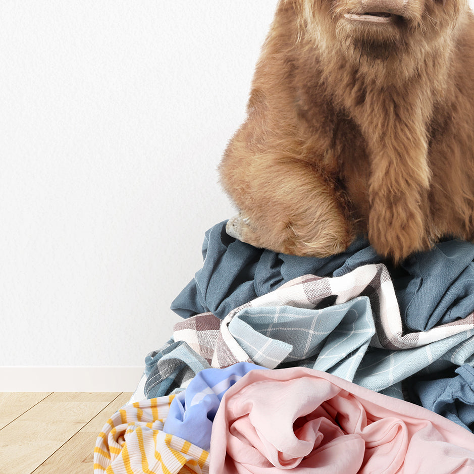 a stuffed bear sitting on top of a pile of clothes