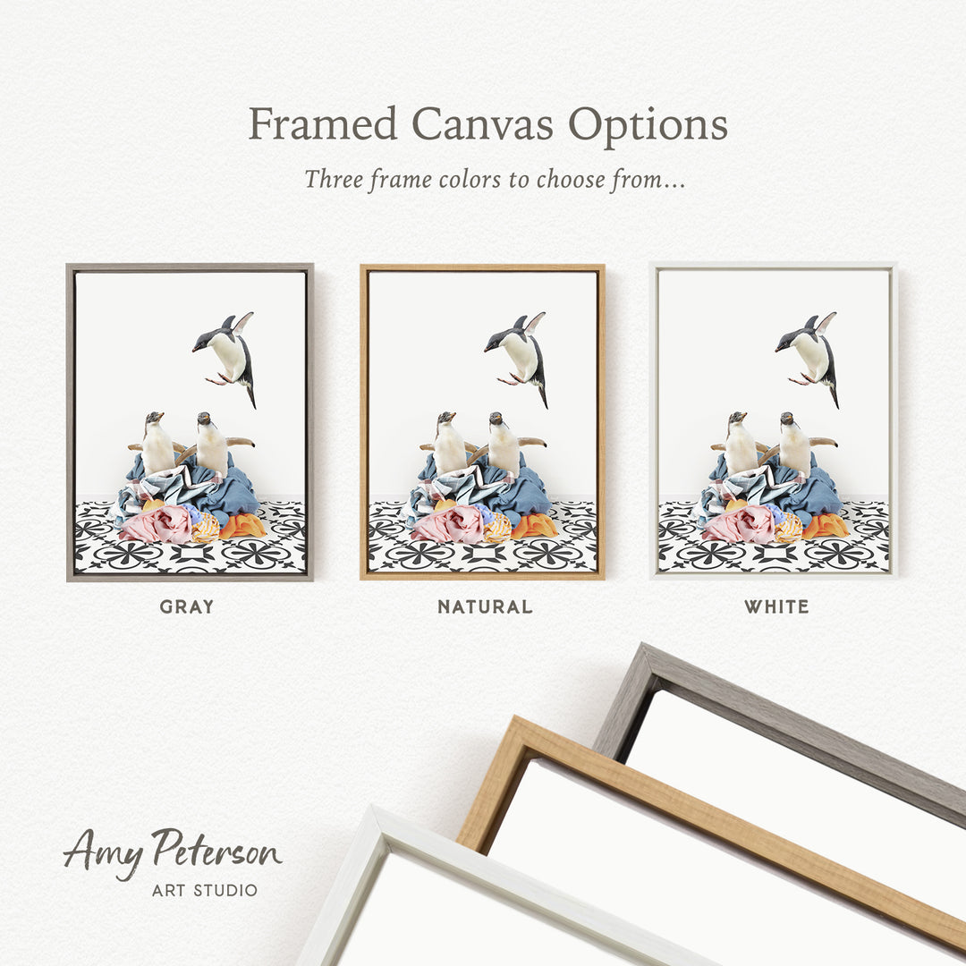 three framed canvas options, each with a different color: gray, natural, and white. The text above the images reads " Framed Canvas Options" and "Three frame colors to choose from...". The bottom of the image features the text " Amy Peterson ART STUDIO".