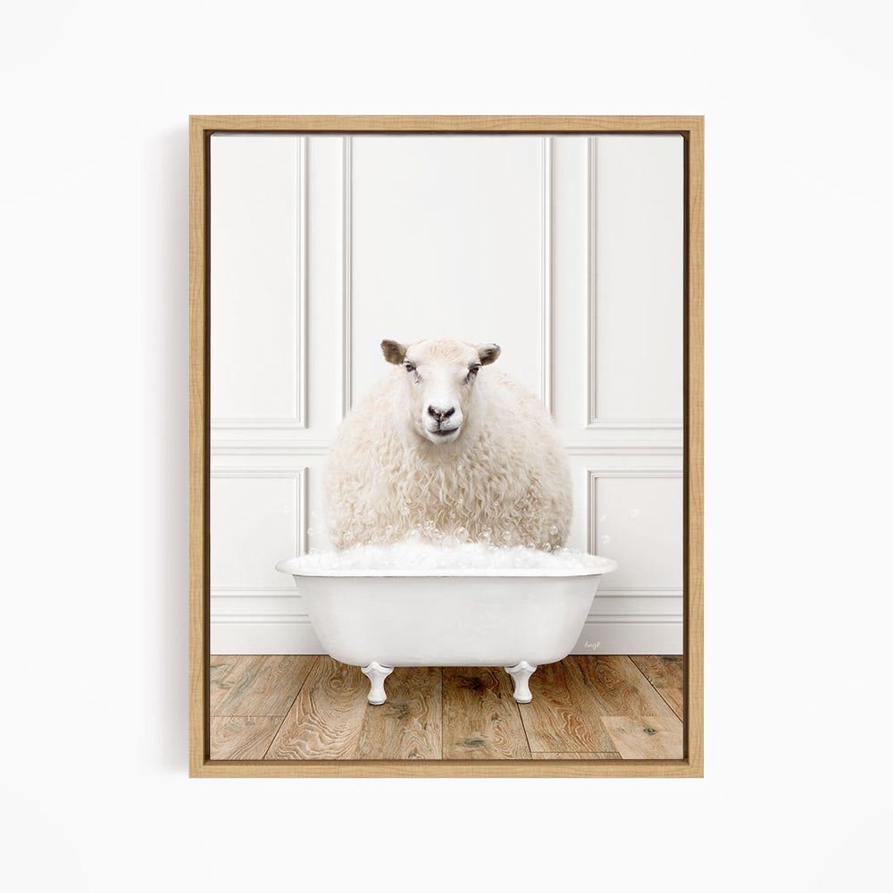 A fluffy white sheep sits in a white bathtub, surrounded by a wooden floor and white walls.
