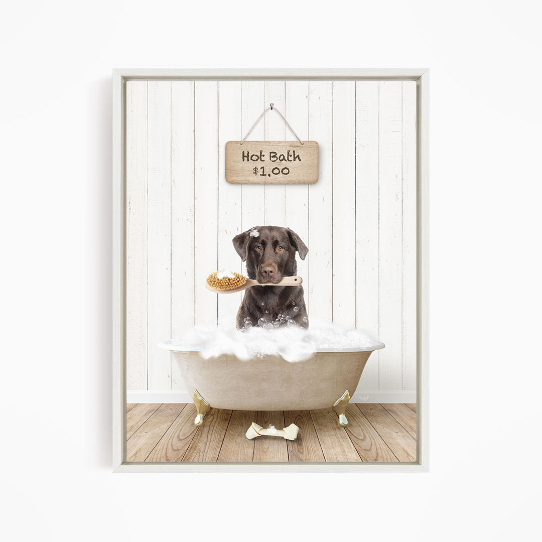 A brown dog is sitting in a white bathtub filled with bubbles, holding a brush in its mouth, with a sign above the bathtub that reads "Hot Bath $1.00".
