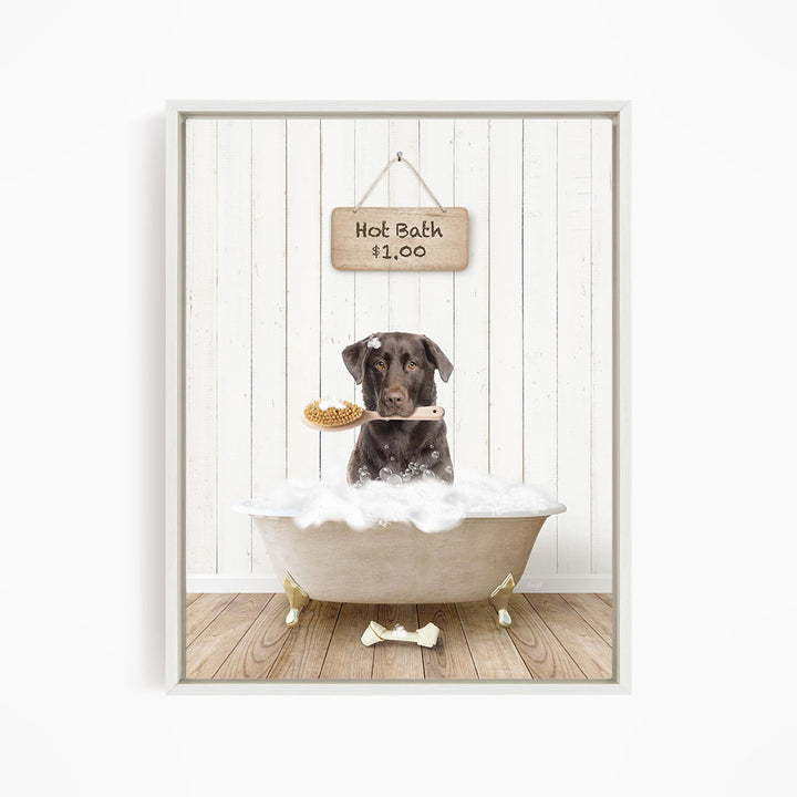 A brown dog is sitting in a white bathtub filled with bubbles, holding a brush in its mouth, with a sign above the bathtub that reads "Hot Bath $1.00".