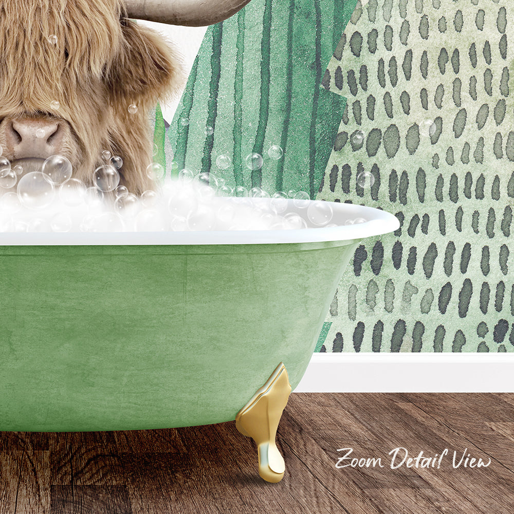 A large, green bathtub filled with bubbles, with a cow's head peeking out from the tub.
