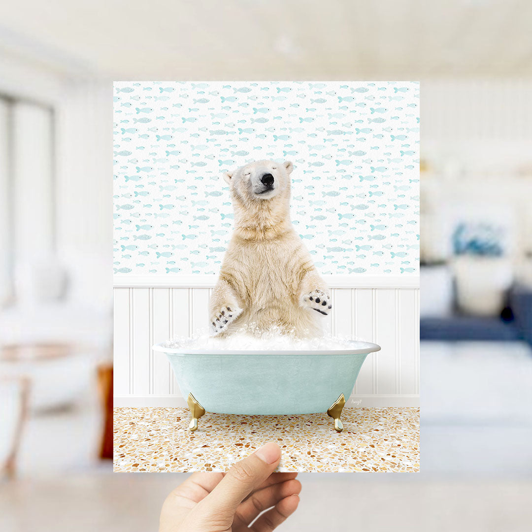 A polar bear sitting in a bathtub filled with bubbles, surrounded by a pattern of fish.