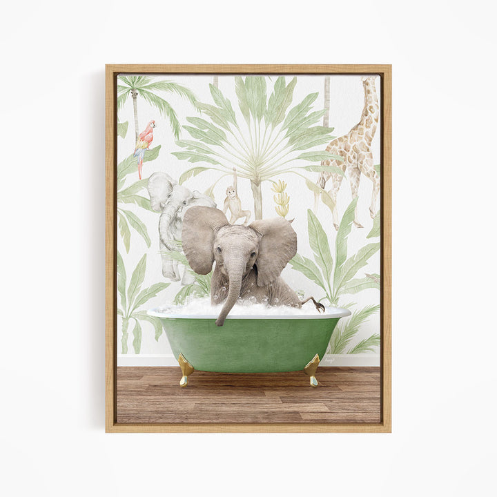 A framed illustration depicting an elephant sitting in a green bathtub, surrounded by tropical foliage and other animals.