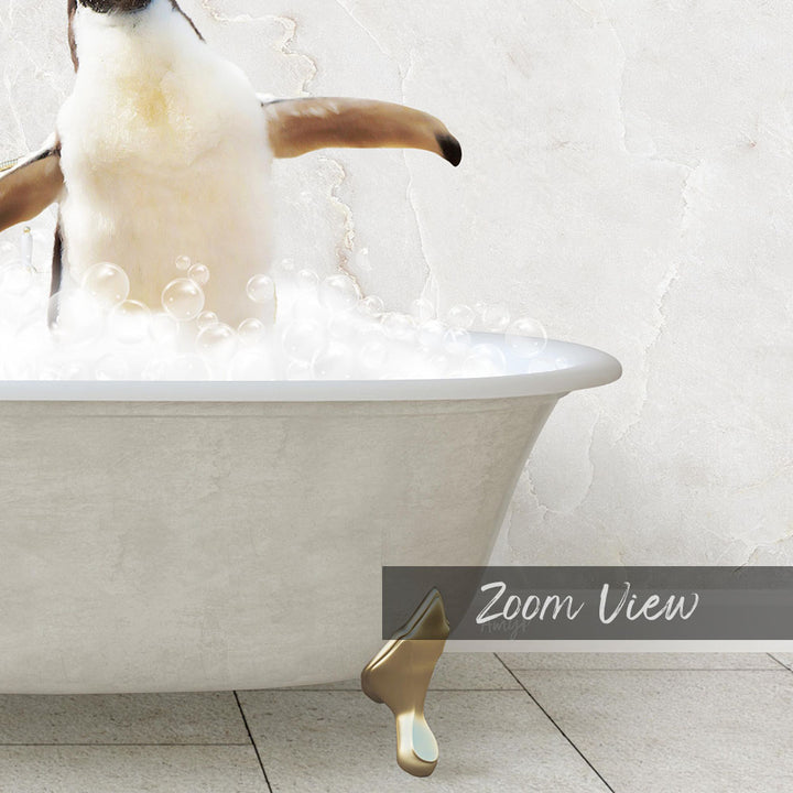 A penguin standing in a bathtub filled with bubbles, with the text "Zoom View" below the image.