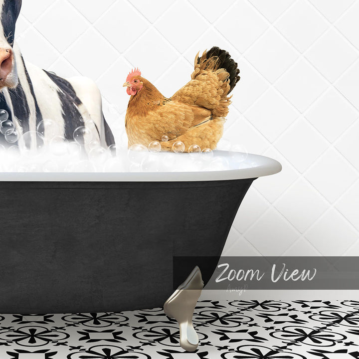 A chicken is sitting in a bathtub filled with bubbles, while a dog is standing nearby.