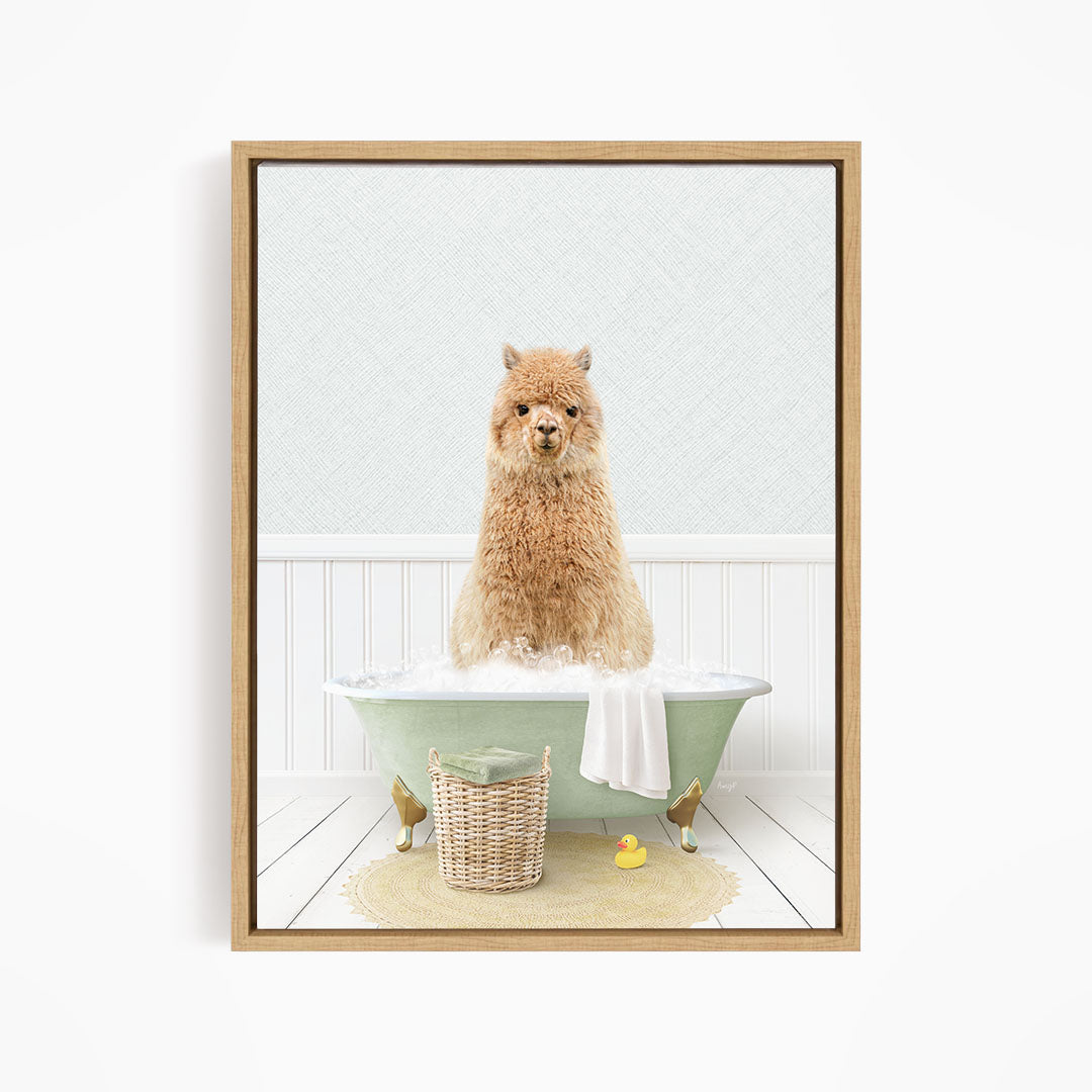 A fluffy brown dog sitting in a green bathtub filled with bubbles, surrounded by a basket of toys and a yellow rubber duck.
