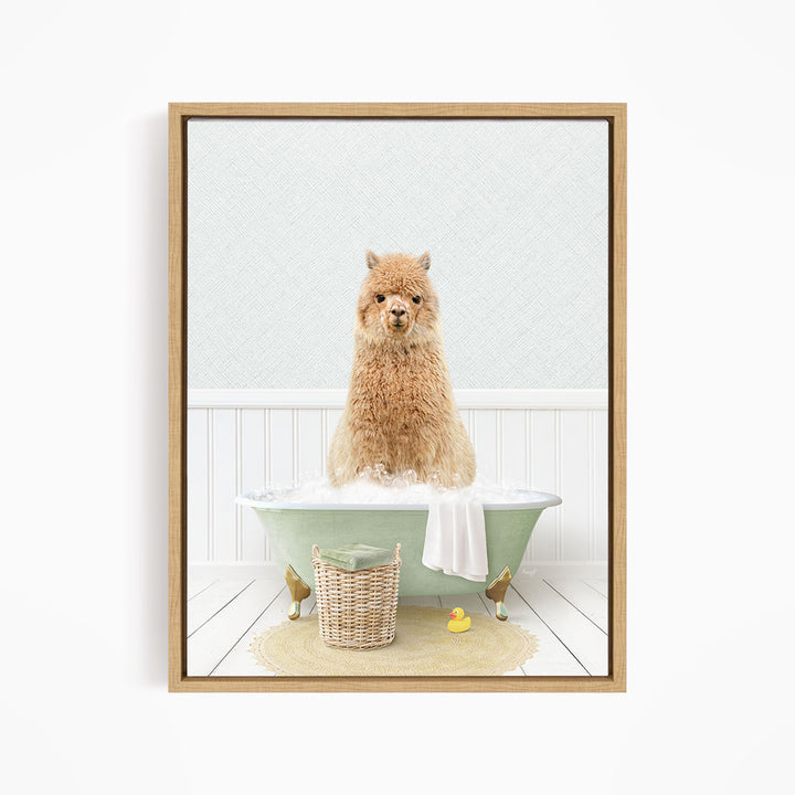 A fluffy brown dog sitting in a green bathtub filled with bubbles, surrounded by a basket of toys and a yellow rubber duck.